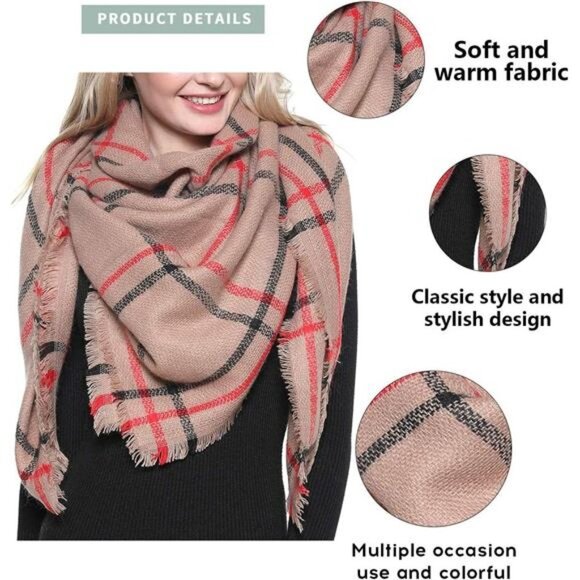 Plaid Print Oversized Blanket Scarf Tartan Checked Shawl Wrap Pashmina Tan Red - Picture 3 of 6